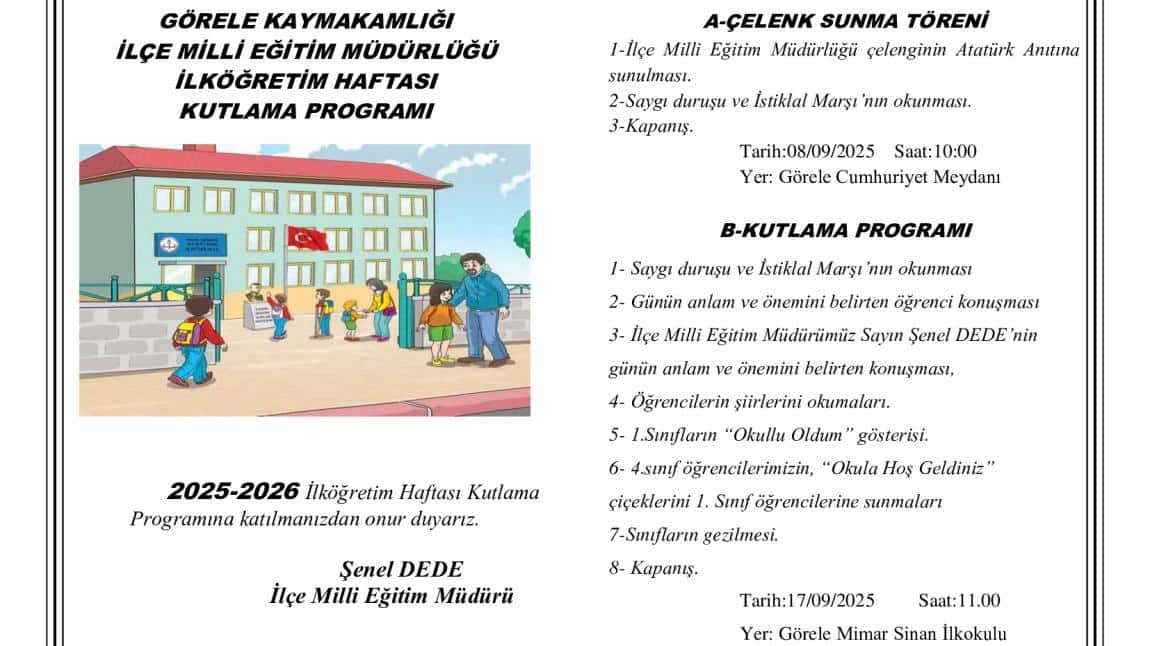 17/09/2025 Tarihinde Güney bahçemizde İlköğretim haftası kutlama programı yapılacaktır.